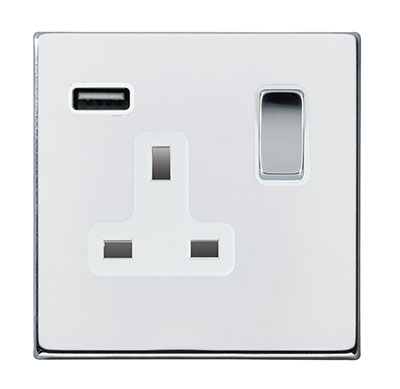 Hartland G2 Bright Chrome 1 gang 13A Single Pole Switched Socket with 1 USB Outlets 1×2.1A Bright Chrome/White