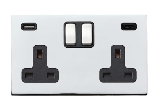 Hartland G2 Bright Chrome 2 gang 13A Double Pole Switched Socket with 1 USB + 1 USB Type C Outlet 2x2.4A Bright Chrome/Black