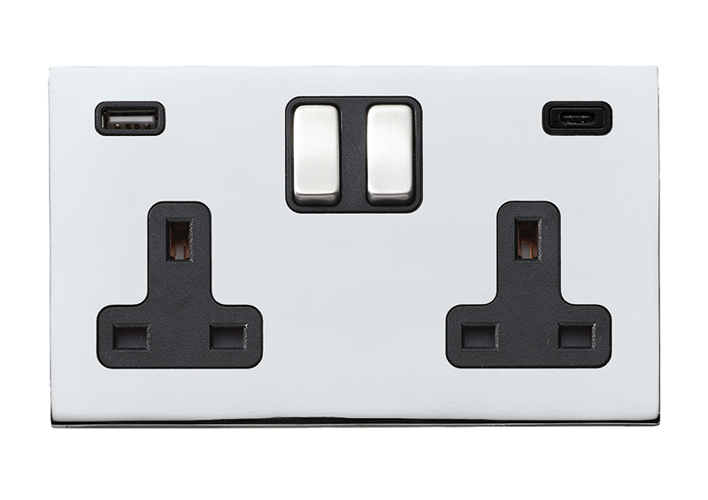 Hartland G2 Bright Chrome 2 gang 13A Double Pole Switched Socket with 1 USB + 1 USB Type C Outlet 2×2.4A Bright Chrome/Black