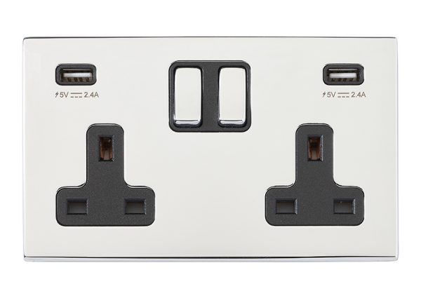 Hartland G2 Bright Chrome 2 gang 13A Double Pole Switched Socket with 2 USB Ultra Outlets 2x2.4A Bright Chrome/Black