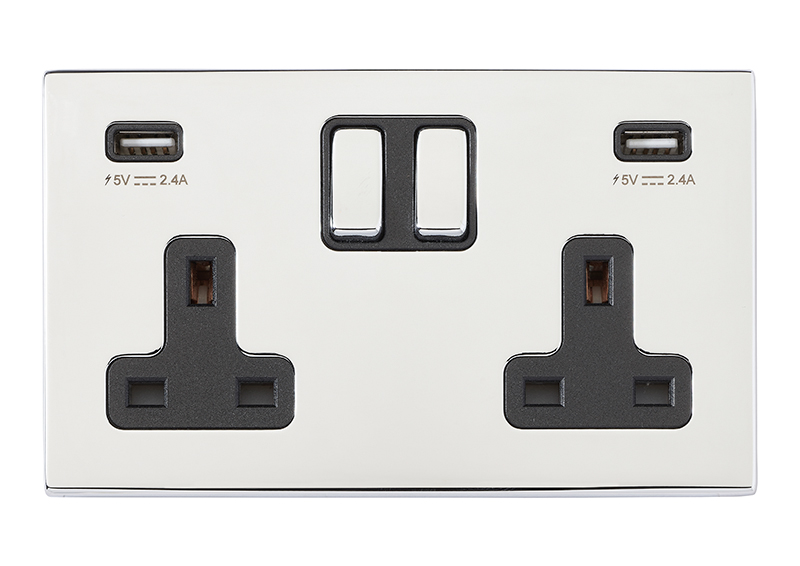 Hartland G2 Bright Chrome 2 gang 13A Double Pole Switched Socket with 2 USB Ultra Outlets 2×2.4A Bright Chrome/Black