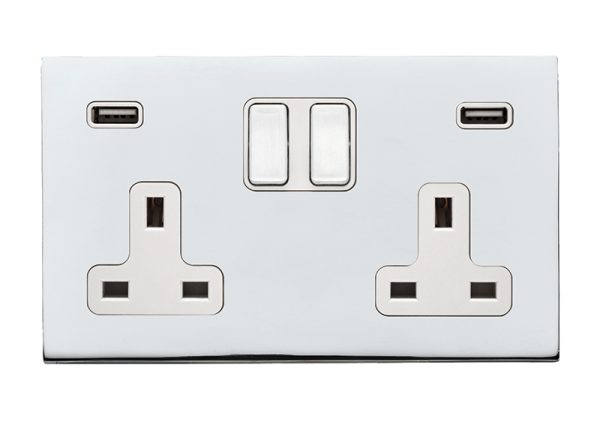 Hartland G2 Bright Chrome 2 gang 13A Double Pole Switched Socket with 2 USB Ultra Outlets 2x2.4A Bright Chrome/White