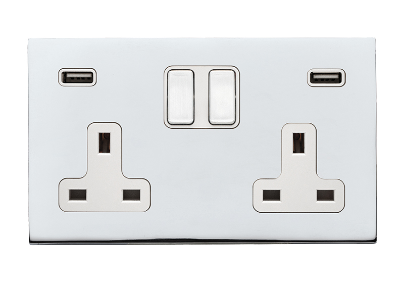 Hartland G2 Bright Chrome 2 gang 13A Double Pole Switched Socket with 2 USB Ultra Outlets 2×2.4A Bright Chrome/White