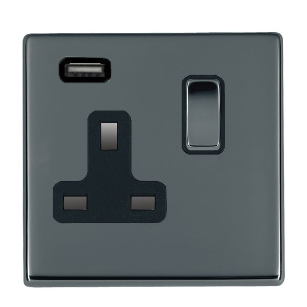 Hartland G2 Black Nickel 1 gang 13A Single Pole Switched Socket with 1 USB Outlets 1×2.1A Black Nickel/Black