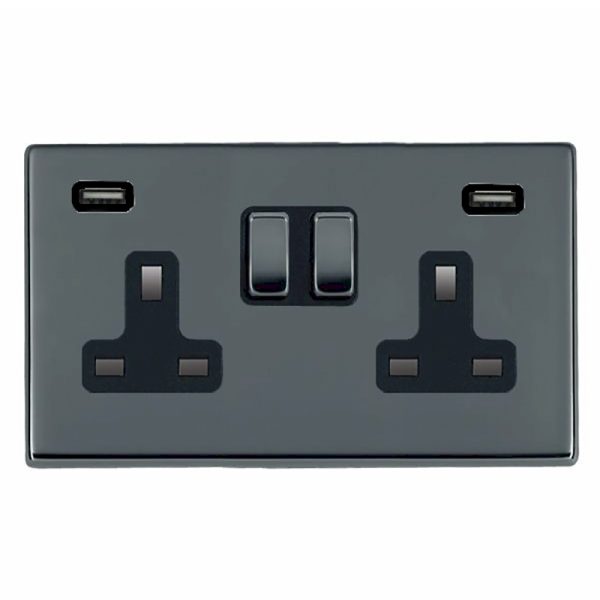 Hartland G2 Black Nickel 2 gang 13A Double Pole Switched Socket with 2 USB Ultra Outlets 2x2.4A Black Nickel/Black