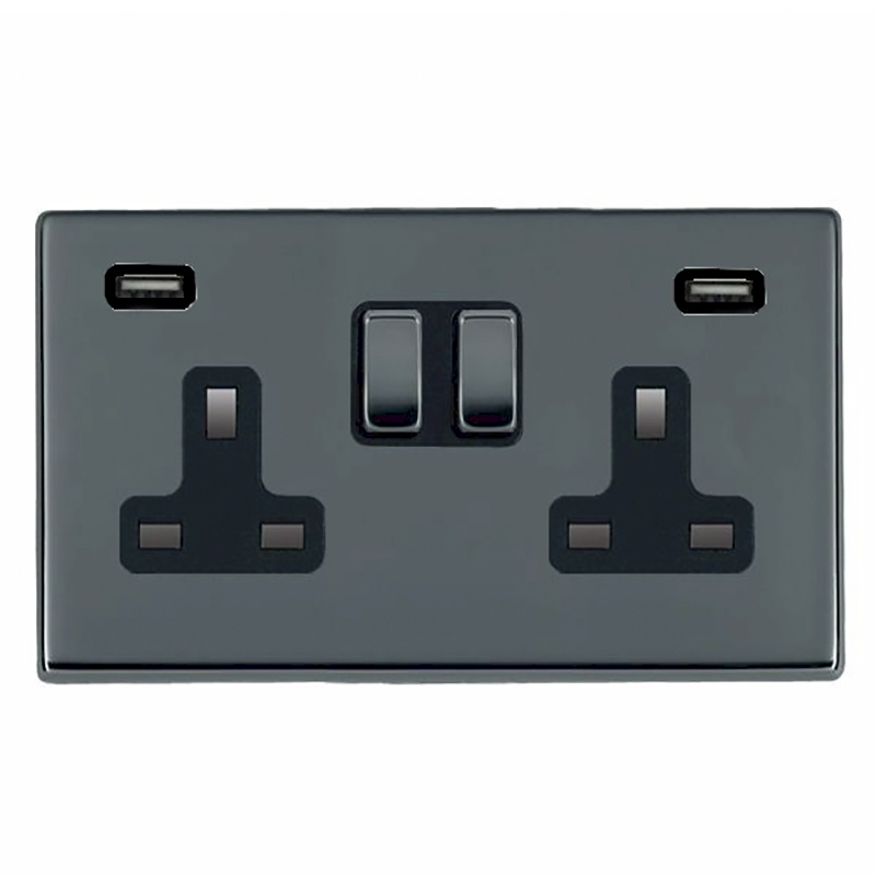 Hartland G2 Black Nickel 2 gang 13A Double Pole Switched Socket with 2 USB Ultra Outlets 2×2.4A Black Nickel/Black