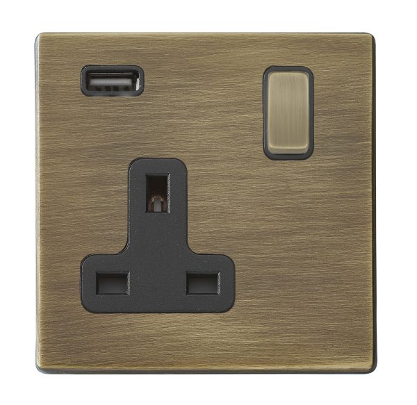 Hartland G2 Antique Brass 1 gang 13A Single Pole Switched Socket with 1 USB Outlets 1x2.1A Antique Brass/Black