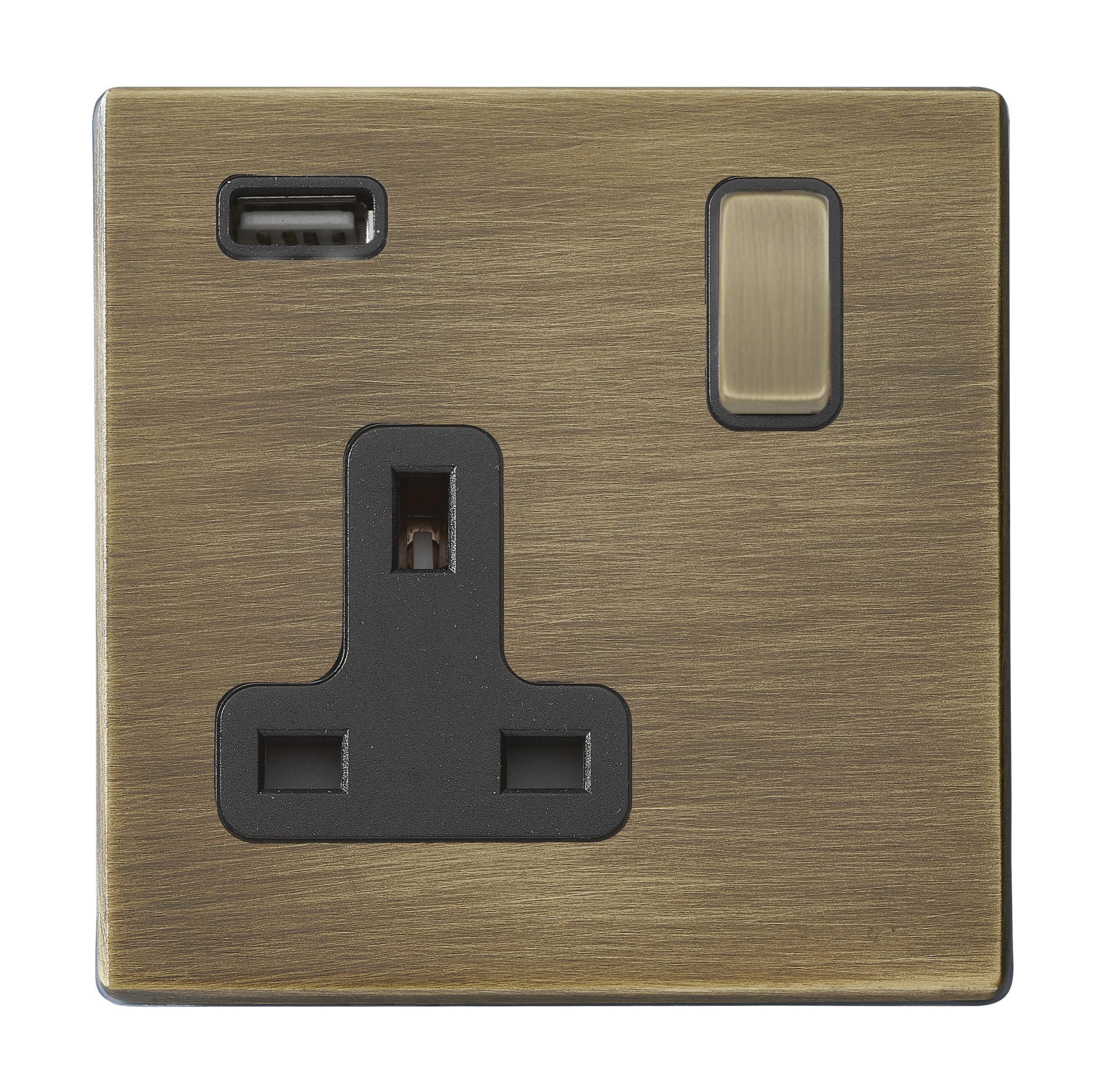 Hartland G2 Antique Brass 1 gang 13A Single Pole Switched Socket with 1 USB Outlets 1×2.1A Antique Brass/Black
