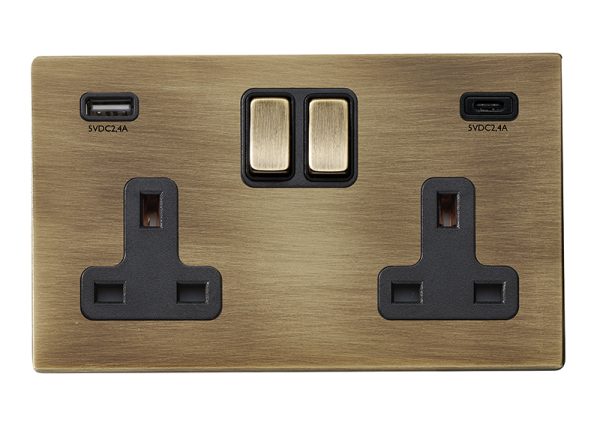 Hartland G2 Antique Brass 2 gang 13A Double Pole Switched Socket with 1 USB + 1 USB Type C Outlet 2x2.4A Antique Brass/Black