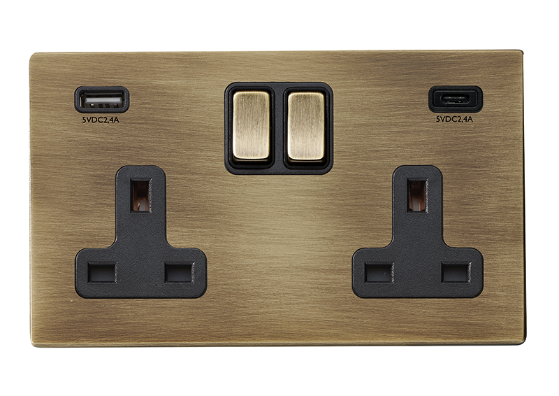 Hartland G2 Antique Brass 2 gang 13A Double Pole Switched Socket with 1 USB + 1 USB Type C Outlet 2×2.4A Antique Brass/Black