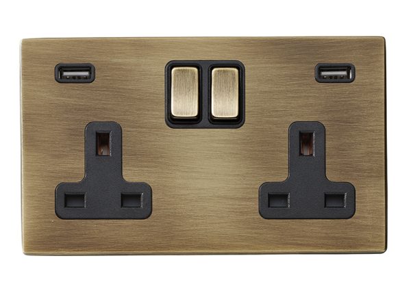 Hartland G2 Antique Brass 2 gang 13A Double Pole Switched Socket with 2 USB Ultra Outlets 2x2.4A Antique Brass/Black