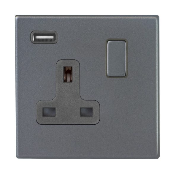 Hartland G2 Anthra Gray 1 gang 13A Single Pole Switched Socket with 1 USB Outlets 1x2.1A Anthra Gray/Quartz Grey