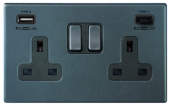 Hartland G2 Anthra Gray 2 gang 13A Double Pole Switched Socket with 1 USB + 1 USB Type C Outlet 2x2.4A Anthra Gray/Quartz Grey