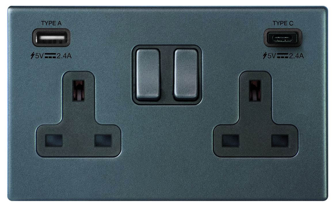 Hartland G2 Anthra Gray 2 gang 13A Double Pole Switched Socket with 1 USB + 1 USB Type C Outlet 2×2.4A Anthra Gray/Quartz Grey