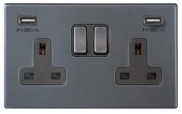 Hartland G2 Anthra Gray 2 gang 13A Double Pole Switched Socket with 2 USB Ultra Outlets 2x2.4A Anthra Gray/Quartz Grey