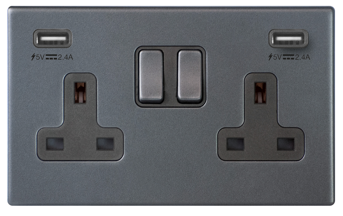 Hartland G2 Anthra Gray 2 gang 13A Double Pole Switched Socket with 2 USB Ultra Outlets 2×2.4A Anthra Gray/Quartz Grey