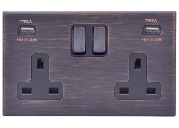 Hartland G2 Etrium Bronze 2 gang 13A Double Pole Switched Socket with 2 USB Ultra Outlets 2x2.4A Etrium Bronze/Black