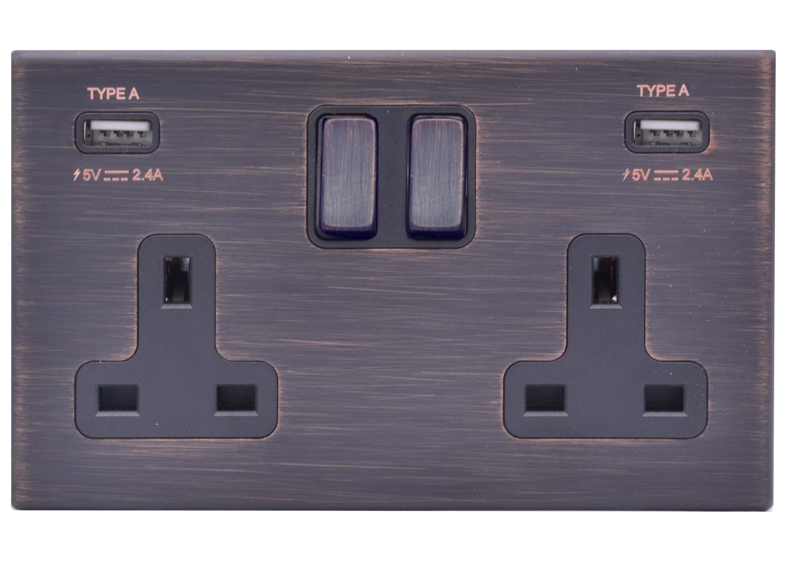 Hartland G2 Etrium Bronze 2 gang 13A Double Pole Switched Socket with 2 USB Ultra Outlets 2×2.4A Etrium Bronze/Black