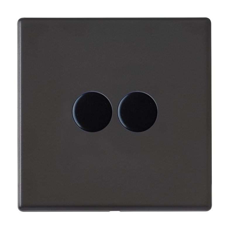 Hartland G2 Matt Black 2 gang 250W LED 2 Way Push On/Off Rotary Dimmer Matt Black Minimum Load = 5W(LED) Maximum Load = 250W(LED) Trailing Edge / 150W(LED) Leading Edge per gang