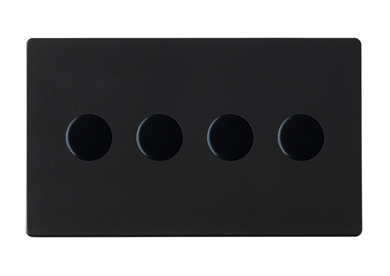 Hartland G2 Matt Black 4 gang 250W LED 2 Way Push On/Off Rotary Dimmer Matt Black Minimum Load = 5W(LED) Maximum Load = 250W(LED) Trailing Edge / 150W(LED) Leading Edge per gang
