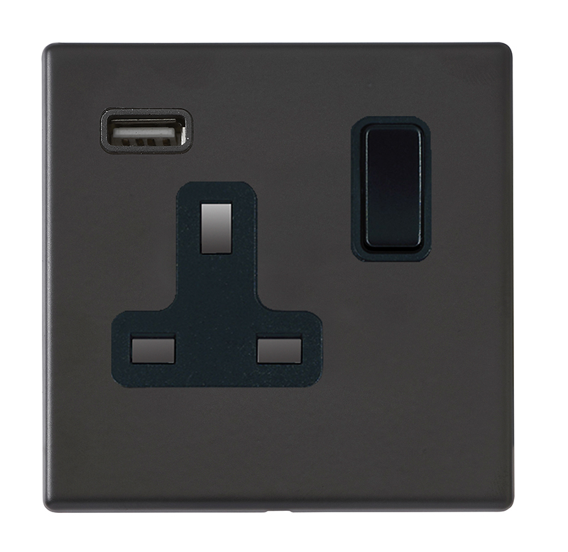 Hartland G2 Matt Black 1 gang 13A Single Pole Switched Socket with 1 USB Outlets 1×2.1A Black/Black