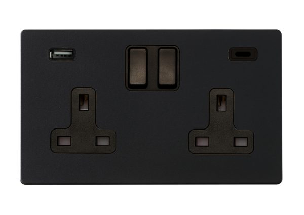 Hartland G2 Matt Black 2 gang 13A Double Pole Switched Socket with 1 USB + 1 USB Type C Outlet 2x2.4A Black/Black