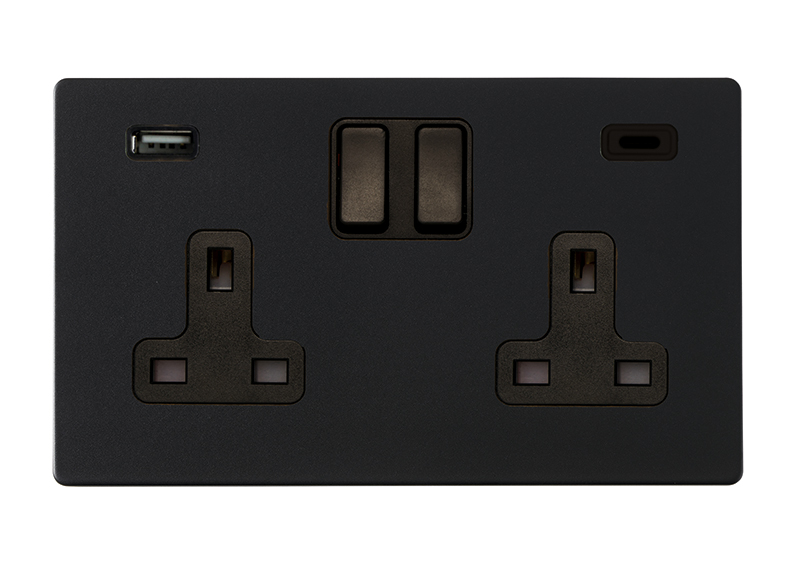 Hartland G2 Matt Black 2 gang 13A Double Pole Switched Socket with 1 USB + 1 USB Type C Outlet 2×2.4A Black/Black