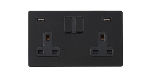 Hartland G2 Matt Black 2 gang 13A Double Pole Switched Socket with 2 USB Ultra Outlets 2x2.4A Black/Black