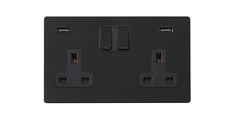 Hartland G2 Matt Black 2 gang 13A Double Pole Switched Socket with 2 USB Ultra Outlets 2×2.4A Black/Black