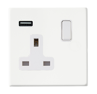 Hartland G2 Matt White 1 gang 13A Single Pole Switched Socket with 1 USB Outlets 1×2.1A White/White