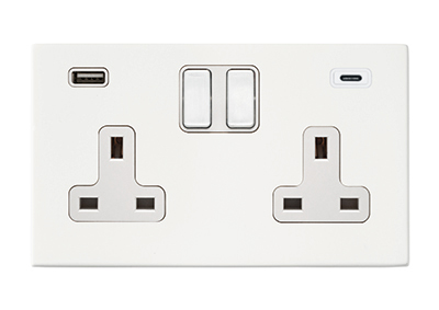Hartland G2 Matt White 2 gang 13A Double Pole Switched Socket with 1 USB + 1 USB Type C Outlet 2×2.4A White/White