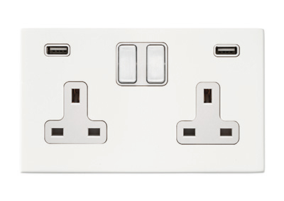 Hartland G2 Matt White 2 gang 13A Double Pole Switched Socket with 2 USB Ultra Outlets 2×2.4A White/White