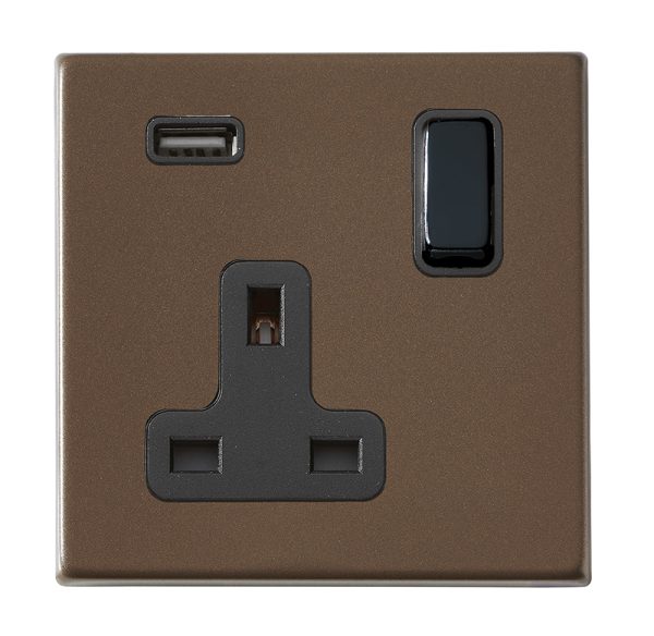 Hartland G2 Richmond Bronze 1 gang 13A Single Pole Switched Socket with 1 USB Outlets 1x2.1A Black/Black