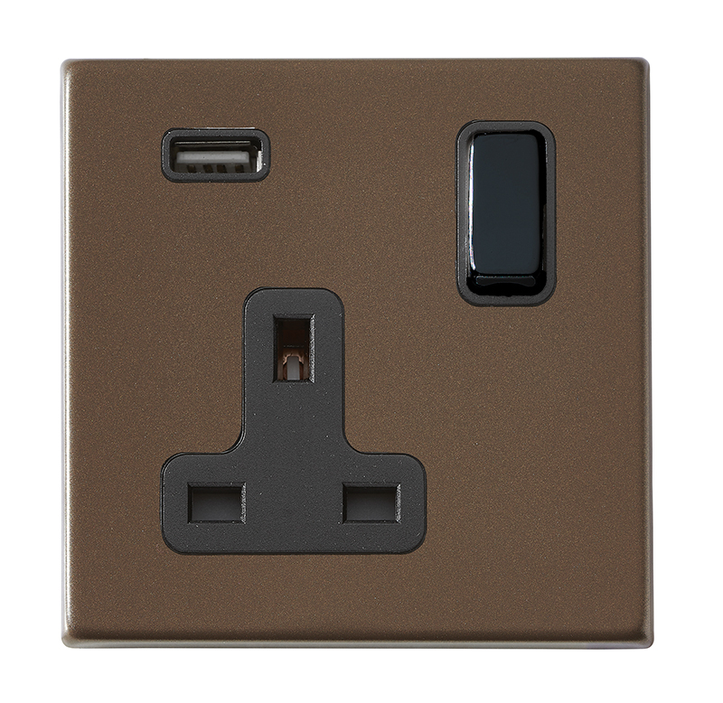 Hartland G2 Richmond Bronze 1 gang 13A Single Pole Switched Socket with 1 USB Outlets 1×2.1A Black/Black