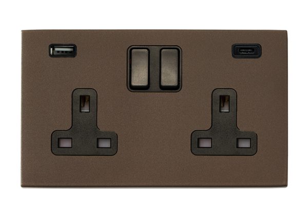 Hartland G2 Richmond Bronze 2 gang 13A Double Pole Switched Socket with 1 USB + 1 USB Type C Outlet 2x2.4A Black/Black