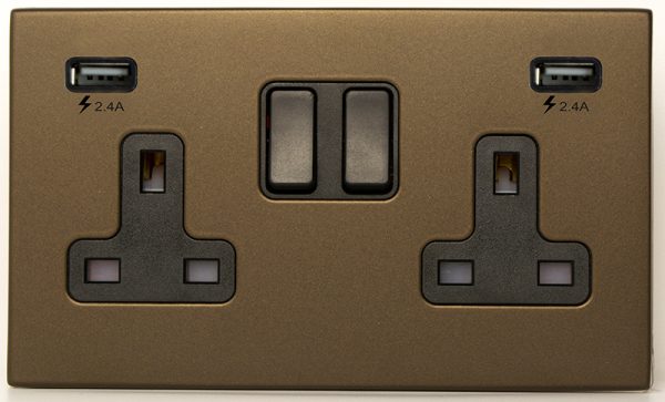 Hartland G2 Richmond Bronze 2 gang 13A Double Pole Switched Socket with 2 USB Ultra Outlets 2x2.4A Black/Black