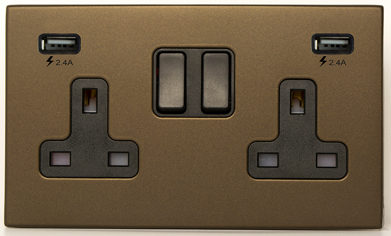Hartland G2 Richmond Bronze 2 gang 13A Double Pole Switched Socket with 2 USB Ultra Outlets 2×2.4A Black/Black