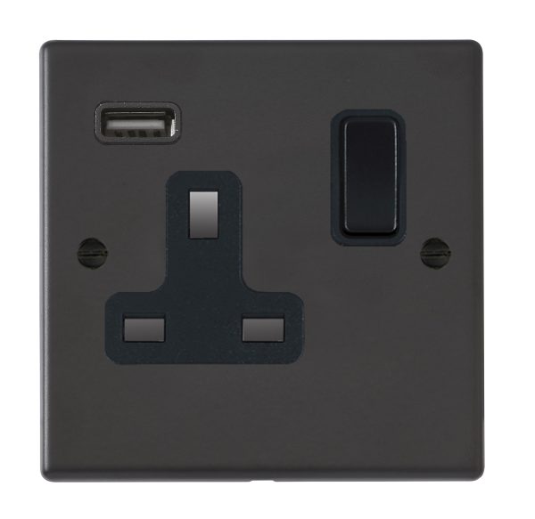 Hartland Matt Black 1 gang 13A Single Pole Switched Socket with 1 USB Outlets 1x2.1A Black/Black - NOT Suitable for Over Painting