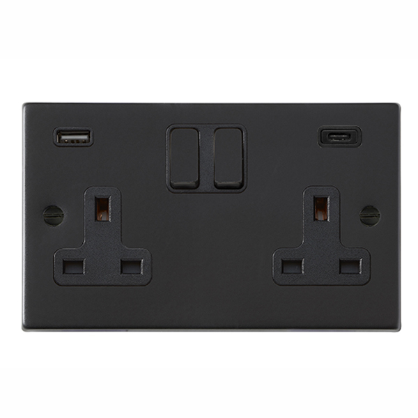 Hartland Matt Black 2 gang 13A Double Pole Switched Socket with 1 USB + 1 USB Type C Outlet 2×2.4A Black/Black – NOT Suitable for Over Painting