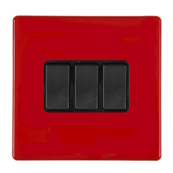 Hartland CFX Colours Pillar Box Red 3 gang 10AX 2 Way Rocker Black/Black