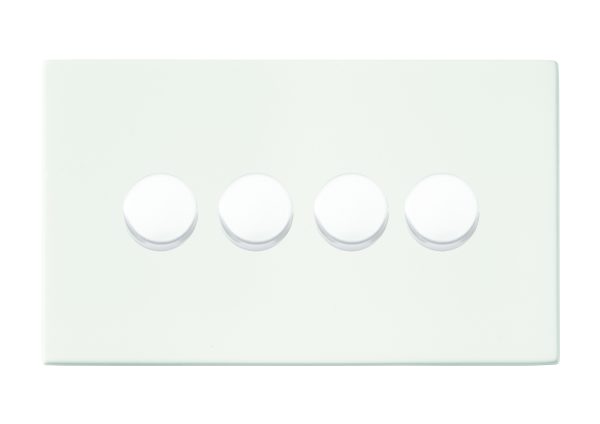Hartland CFX Primed White 4 gang 250W LED 2 Way Push On/Off Rotary Dimmer White Minimum Load = 5W(LED) Maximum Load = 250W(LED) Trailing Edge / 150W(LED) Leading Edge per gang
