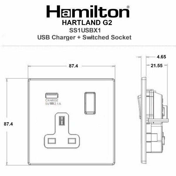 Hartland G2 Etrium Bronze 1 gang 13A Single Pole Switched Socket with 1 USB Outlets 1×2.1A Etrium Bronze/Black