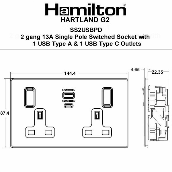 Hartland G2 Anthra Gray 2 gang 13A Single Pole Switched Socket with 45W Type A&C Quick Charge and Power Delivery Anthra Gray/Quartz Grey
