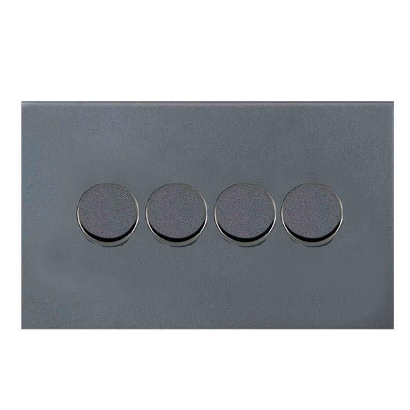 Sheer G2 Anthra Gray 4 gang 250W LED 2 Way Push On/Off Rotary Dimmer Anthra Gray Minimum Load = 5W(LED) Maximum Load = 250W(LED) Trailing Edge / 150W(LED) Leading Edge per gang