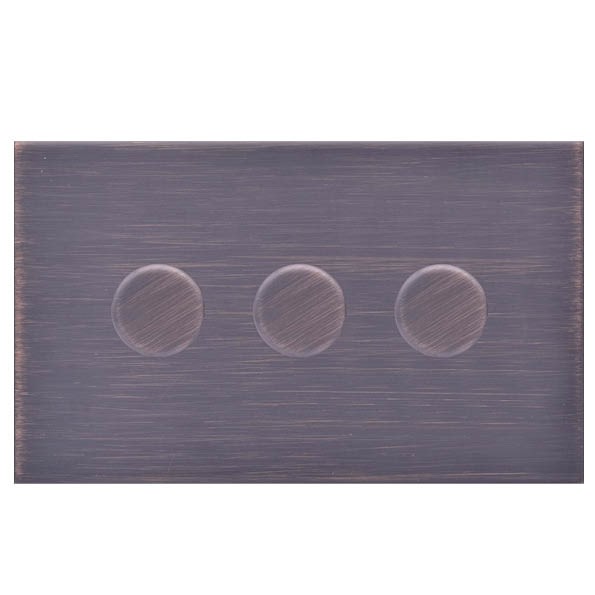 Sheer G2 Etrium Bronze 3 gang 250W LED 2 Way Push On/Off Rotary Dimmer Etrium Bronze Minimum Load = 5W(LED) Maximum Load = 250W(LED) Trailing Edge / 150W(LED) Leading Edge per gang