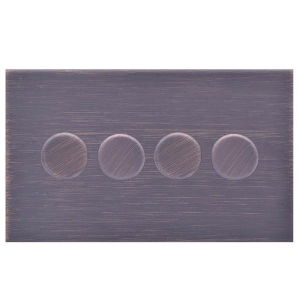Sheer G2 Etrium Bronze 4 gang 250W LED 2 Way Push On/Off Rotary Dimmer Etrium Bronze Minimum Load = 5W(LED) Maximum Load = 250W(LED) Trailing Edge / 150W(LED) Leading Edge per gang