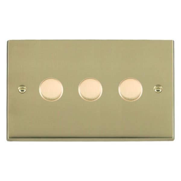 Cheriton Victorian Polished Brass 3 gang 250W LED 2 Way Push On/Off Rotary Dimmer Polished Brass Minimum Load = 5W(LED) Maximum Load = 250W(LED) Trailing Edge / 150W(LED) Leading Edge per gang