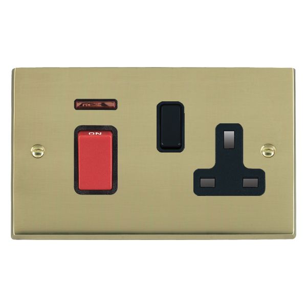 Cheriton Victorian Polished Brass 45A Double Pole Rocker + Neon + 13A Switched Socket Red+Black/Black