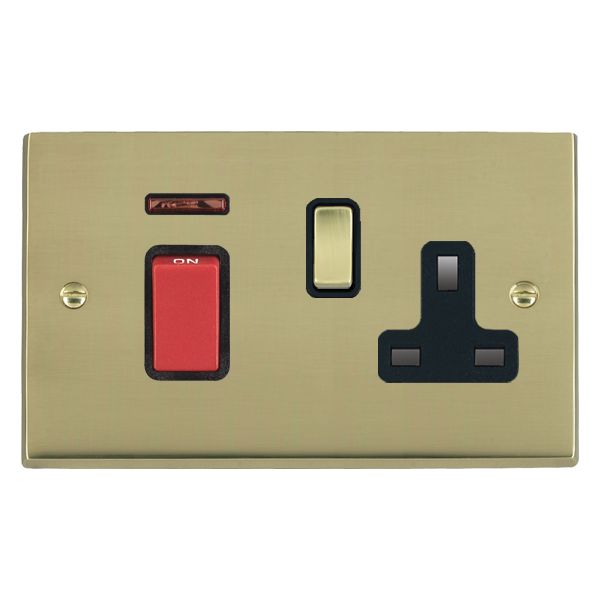 Cheriton Victorian Polished Brass 45A Double Pole Rocker + Neon + 13A Switched Socket Red+Polished Brass/Black