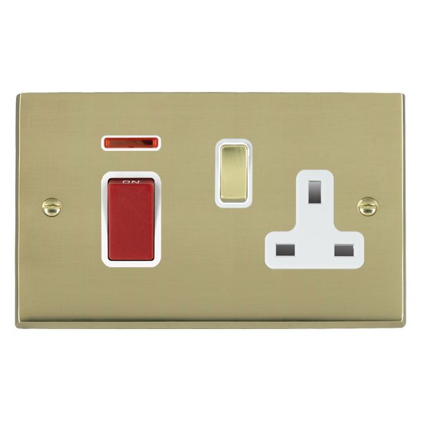Cheriton Victorian Polished Brass 45A Double Pole Rocker + Neon + 13A Switched Socket Red+Polished Brass/White